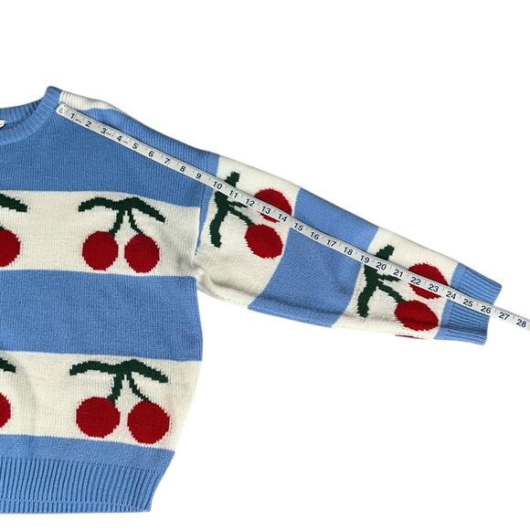 Vestique Cherry Sweater XS Blue Cream Cozy Knit Playful Y2K Cottagecore Cozy - Picture 7 of 10